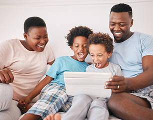 Image showing Black family, tablet and excited kid game of a mother, dad and children in a home at morning. Digital app, online and child gaming app with a mama, boys and father together with laughing in house