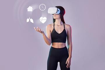 Image showing Vr hologram, fitness or woman in metaverse on studio background with digital, health data for exercise. Virtual reality user or girl gamer in futuristic 3d ai experience to monitor heart wellness