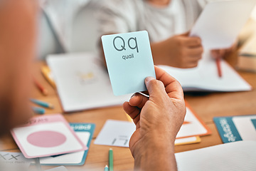 Image showing Learning, cards and parents with children and letter lesson for language, study and alphabet. School, homework and help with family at table and teaching for reading tutor, literacy and phonics