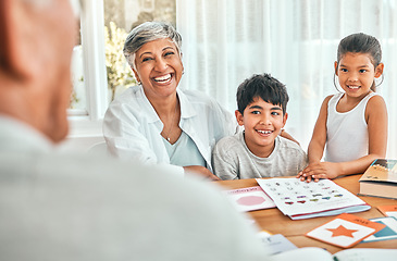 Image showing Education, learning and grandmother bonding with grandchildren helping them with fun activities. Home school, smile and elderly woman spending time and sitting with kids outdoor of family home.