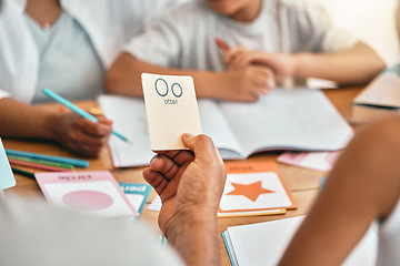 Image showing Learning, cards and parents with children and alphabet lesson for language, study and letter. School, homework and help with family at table and teaching for reading tutor, literacy and phonics