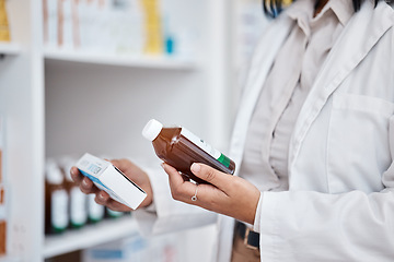 Image showing Pharmacy stock, hands and drug information of medicine and pills ingredients checklist. Pharmacist, work and pharmaceutical products in a retail shop or clinic with wellness employee reading label