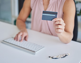 Image showing Computer, woman online shopping or hands with a credit card for payment on ecommerce website in business office. Zoom of financial trader trading or typing with digital money on internet via fintech