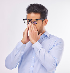 Image showing Headache, stress and frustrated business man feeling sick, ill and pain isolated in a studio white background. Employee, sad and professional worker suffering with a migraine due to fatigue