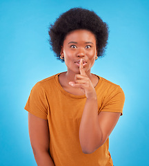 Image showing Secret, portrait and black woman with finger on lips in studio, background and privacy of drama news. Excited model, silence and shush on mouth, quiet emoji or whisper gossip of confidential surprise