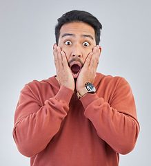 Image showing Surprise, shock face and portrait of man on white background with emoji, comic and facial expression. Wow mockup, omg and isolated male in studio with shocking information, news or announcement