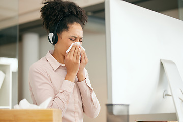 Image showing Sick, tissue and woman at call center with virus infection, illness and allergy blowing nose at desk. Health, customer support consultant and female worker with flu, cold and sinus symptoms in office