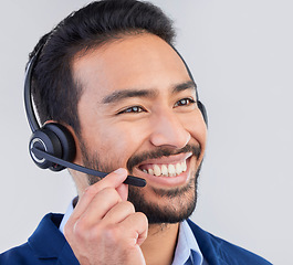 Image showing Call center, microphone and face of man with smile for communication, consulting and crm network. Contact us, customer support mockup and happy male consultant in studio for help, service and sales