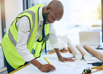 Image showing Architect, blueprint and man writing in office on paper, design and planning building project. Construction, engineer and male project manager with plan for property, model or renovation strategy