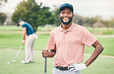 Image showing Golf, sports and portrait of black man with smile on course for game, practice and training for competition. Professional golfer, relax and happy male athlete for exercise, activity and recreation