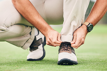 Image showing Shoes, start and man tying laces for golf, preparing for sport and training for a competition. Ground, prepare and golfer ready for a game of sports, tightening a lace and on the course for a hobby