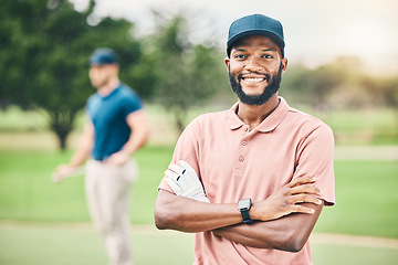 Image showing Black man, portrait smile and golf player in sports with arms crossed for professional sport or hobby in nature. Happy African American sporty male on golfing field smiling for play, game or match