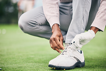 Image showing Closeup, golf and man tie shoelace, fitness and success with game, playing and workout outdoor. Male athlete, guy and player, tying laces and training for match, competition and sports for wellness