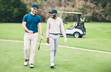 Image showing Friends, sports and men on golf course walking, talking and smiling on green grass at game. Health, fitness and friendship, black man and happy golfer with smile, a walk in nature on weekend together