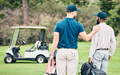 Image showing Golf, sports and friends on course with golfing bag of clubs for game, practice and training on lawn. Professional golfers, teamwork and back of men on grass for exercise, fitness and recreation