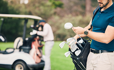 Image showing Golf, sports and man with golfing club on course ready to start game, practice and training for competition. Professional golfer, activity and male caddy on grass for exercise, fitness and recreation