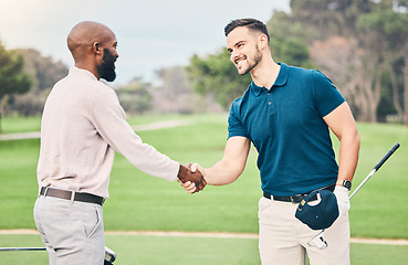 Image showing Man, friends and handshake on golf course for sports, partnership or trust on grass field together. Happy sporty men shaking hands in collaboration for good match, game or competition in the outdoors