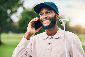 Image showing Black man, phone call and communication on golf course for sports conversation or discussion outdoors. Happy African male smiling and talking on smartphone while golfing for sport hobby in nature