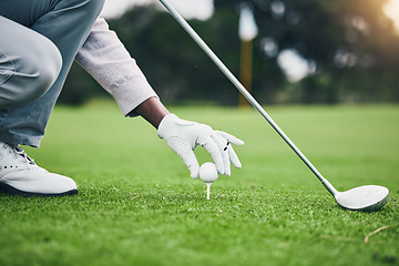 Image showing Sports, golf ball and tee with hand of black man on field for training, tournament and challenge. Start, competition match and ready with athlete and club on course for action, games and hobby