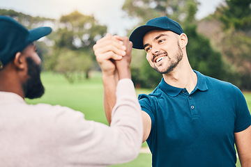 Image showing Man, friends and shaking hands on golf course for sports, partnership or trust on grass field together. Happy sporty men handshake in collaboration for good match, game or competition in the outdoors