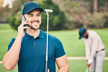 Image showing Man, phone call and communication on golf course for sports conversation or discussion in the outdoors. Happy sporty male smiling and talking on smartphone while golfing in sport hobby in nature