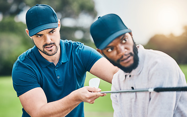 Image showing Teaching, lesson and men playing golf, learning good form and sports hobby. Help, instructor and a black man with a coach for professional sport training, physical activity and golfing on a course