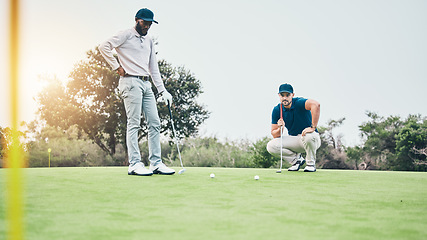 Image showing Sports, golf and friends with men on field for relax, hobby and competition match. Thinking, planning and health with males playing together in club for free time, practice and focus on shot