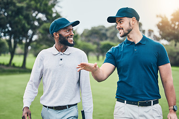 Image showing Friends, sports and golf, men walking, talking and smiling on grass course at outdoor game. Health, fitness and friendship, black man and happy golfer with smile walk in nature on weekend together.