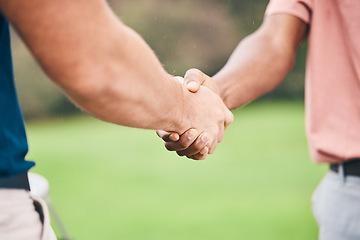 Image showing People, handshake and sport for partnership, trust or unity in community, collaboration or teamwork on grass field. Team of sporty players shaking hands on golf course for club, game or outdoor match