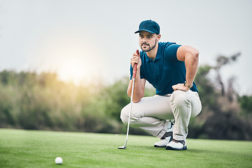 Image showing Planning, sports and golf with man on field for training, competition match and thinking. Games, challenge and tournament with athlete playing on course for exercise, precision and confidence