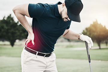 Image showing Sports, muscle and golf, man with back pain during game on course, massage and relief in health and wellness. Green, hands on injury in support and golfer with body ache at golfing workout on grass.