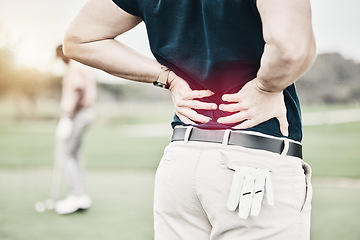 Image showing Sports, injury and man on golf course with back pain during game, massage and relief in health and wellness. Green, hands on spine in support and golfer with body ache at golfing workout on grass.