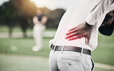 Image showing Sports, muscle and golf, black man with back pain during game on course, massage and relief in health and wellness. Green, hands on injury in support and golfer with ache at golfing workout on grass.