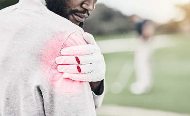 Image showing Sports, muscle and golf, black man with shoulder pain during game, massage and relief in health and wellness. Green, hand on injury in support and African golfer with ache at golfing workout on grass