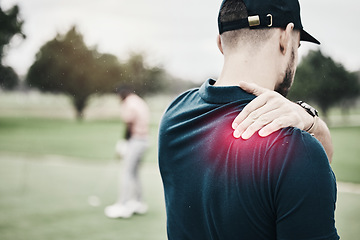 Image showing Sports, injury and golf, man with shoulder pain during game on course, massage and relief in health and wellness. Green, hands on muscle for support and golfer with body ache during golfing workout.