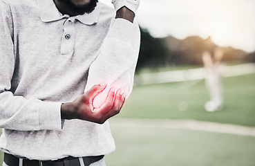 Image showing Sports, elbow pain and black man on golf course holding arm during game, massage and relief with health and wellness. Green, hands on injury for support and golfer with ache during golfing workout.