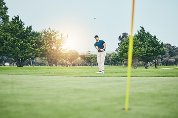 Image showing Grass, golf hole and man with golfing club on course for game, practice and training for competition. Professional golfer, sports and male athlete hit ball with club for winning, score or tee stroke