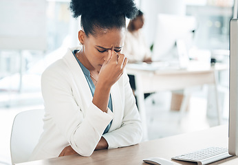 Image showing Stress, headache and sad woman on computer with career burnout, anxiety or mental health risk in office. Crying, pain and depression of tired business person with anxiety for mistake, fail or fatigue