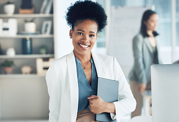 Image showing Digital tablet, portrait and businesswoman in the office with confidence while working on a project. Happy, smile and professional African female leader standing with mobile device in the workplace.