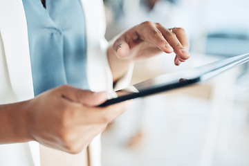 Image showing Tablet, search and hands of woman in office for networking, information and project analysis. Executive, technology and digital with zoom of female browsing online for app, email and connection