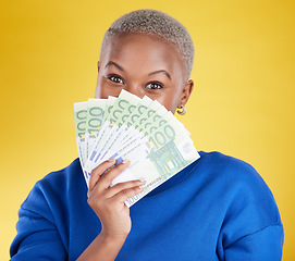 Image showing Money winner, portrait and black woman with euros in studio isolated on a yellow background. Financial freedom, wealth and face of rich female with cash after winning lottery, prize or competition.