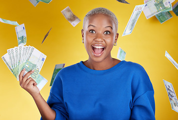 Image showing Winner, portrait and excited black woman with euros in studio isolated on a yellow background. Financial freedom, money rain and happy face of wealthy female with cash after winning lottery prize.