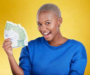 Image showing Portrait, money winner and black woman with euros in studio isolated on a yellow background. Financial freedom, wealth and face of happy, excited and rich female with cash after winning lottery prize