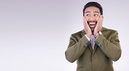 Image showing Surprise, shock and businessman in a studio with mockup with wow, omg or wtf face expression. Happiness, excited and corporate male model from India with an amazed facial gesture by a gray background
