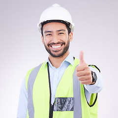 Image showing Thumbs up of engineering man face isolated on a white background support, like or success in project management goals. Asian construction worker or architect contractor thank you hand sign in studio