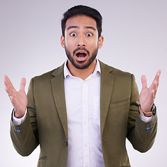 Image showing Wow, shock and surprise, portrait of Indian man with hands up and shocked by amazing news or deal announcement in studio. Businessman with surprised face, emoji or meme isolated on white background.