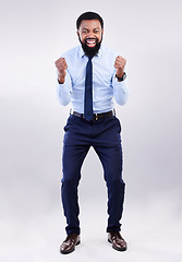 Image showing Portrait, excited and black man cheering, success and happiness against a grey studio background. Face, African American male employee and happy ceo with joy, achievement and gesture for celebration