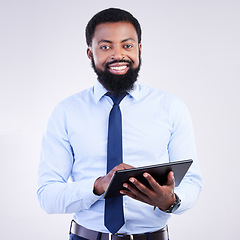 Image showing Portrait, tablet and black man isolated on a gray background for stock market, trading and business financial software. Professional worker, person or entrepreneur on digital technology app in studio