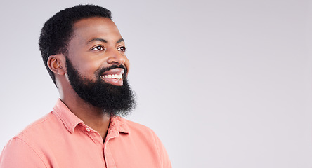 Image showing Mockup, success and black man with smile, vision and motivation against grey studio background. African American male, happy guy and young person with happiness, casual and cheerful with inspiration