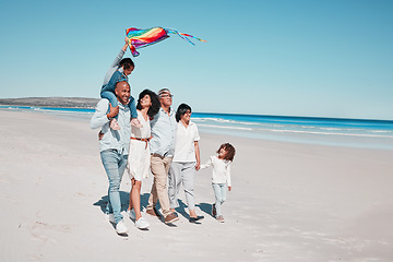 Image showing Relax, holding hands and kite with big family on beach for vacation, summer break and playful. Bonding, support and grandparents with children and parents for holiday, affectionate and generations